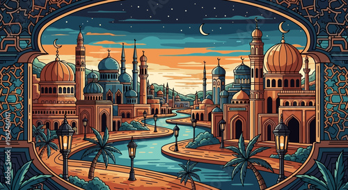 Islamic Cityscape with Mosques and Domes at Dusk.
