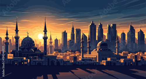 Islamic Cityscape with Mosques and Skyscrapers at Sunset.