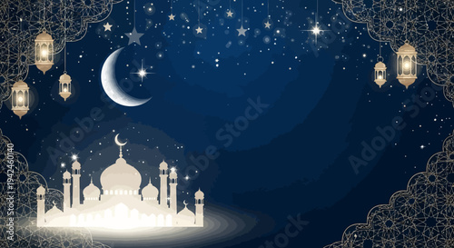 Islamic Mosque Night Sky Crescent Moon Stars.