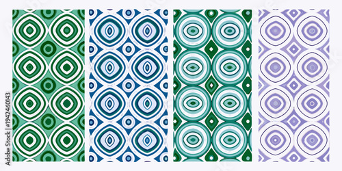 Four repeating patterns of concentric circles and diamond shapes in cool tones