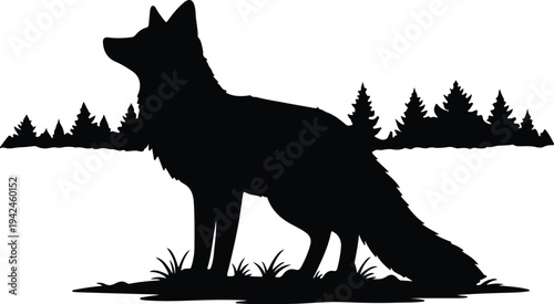 Silhouette of a fox standing in a forest landscape vector design