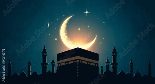 Islamic Mosque with Crescent Moon Night Sky.