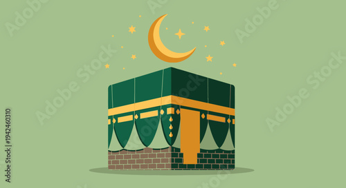 Kaaba Islamic Symbol Crescent Moon Illustration.