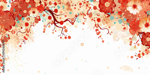 Abstract floral arrangement with branches and blossoms in warm tones
