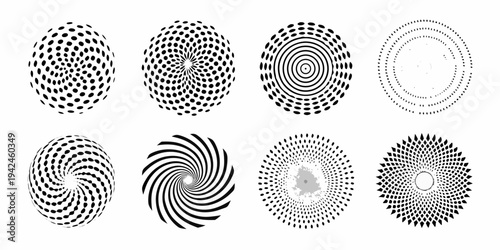 Optical illusion patterns swirling dots and concentric circles in black and white