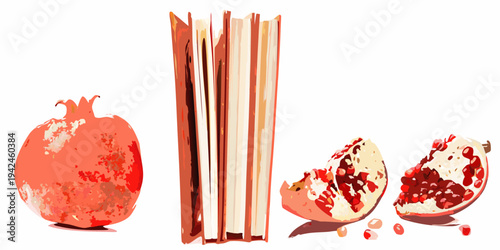 Still life with pomegranates and a stack of books illustrated digitally