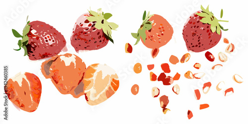 Fresh strawberries and sliced pieces with scattered seeds on white background