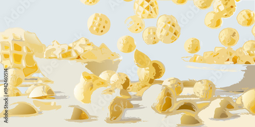 A cascade of golden macaroni pasta falling against a pale background