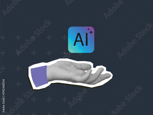 A hand holding an artificial intelligence icon. Modern photo collage style. Vector illustration