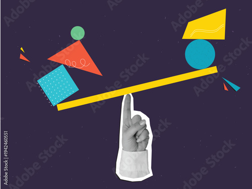 A hand holding a scale with a geometric composition on it. Concept of balance and equilibrium. Modern collage style. Vector illustration