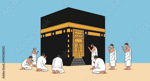 Muslim Pilgrims Praying Near Kaaba Illustration.