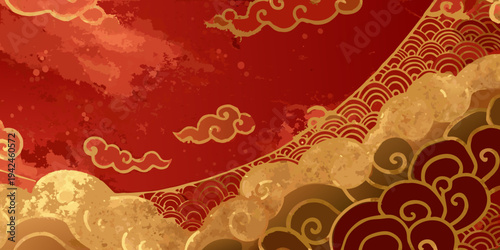 A vibrant red and gold background featuring traditional chinese cloud patterns