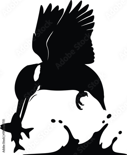 Silhouette of bird catching fish from water vector design