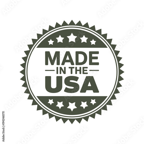 A circular green and white badge proclaiming made in the usa with stars