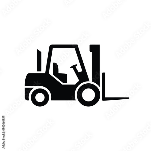 Simple black silhouette of a forklift viewed from the side on a white background