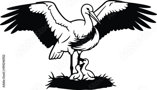 Silhouette stork feeding chicks in nest with wings spread vector design