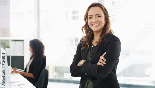 Fotografie Portrait, smile or woman with arms crossed in office, labor law compliance or human resource management