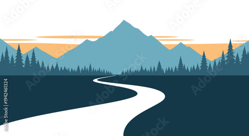 Vector illustration of a serene landscape featuring a winding road leading towards majestic mountains and dense forests under a clear sky, symbolizing journey and natural beauty