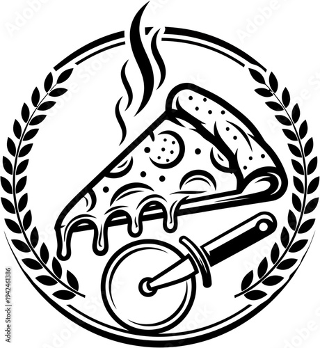 Delicious slice of hot steaming pizza with a pizza cutter and laurel wreath, perfect for food and restaurant advertising