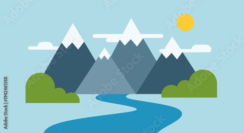 Vibrant illustration of a winding river flowing through majestic snow-capped mountains under a bright sun and fluffy clouds, evoking a sense of natural beauty and adventure