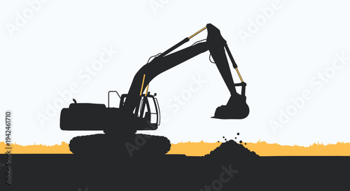 Silhouette of an excavator digging into a pile of earth against a backdrop of a stylized landscape with yellow accents
