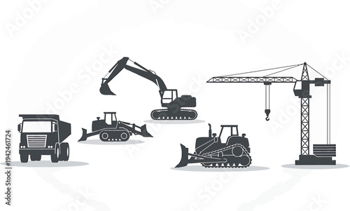 Dynamic collection of heavy construction vehicles and industrial machinery, including excavators, dump trucks, bulldozers, and a powerful crane, essential for building site operations