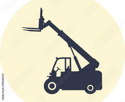 Silhouette of a telescopic forklift truck or telehandler with a raised boom and forks, symbolizing material handling and logistics in construction and industrial settings