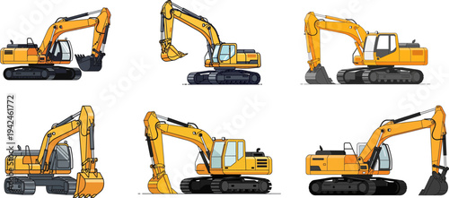 Set of six yellow excavators, construction machines, with various digging tools and boom attachments, isolated on a white background
