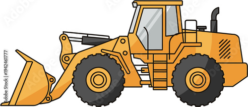 Yellow front-end loader illustration with a large bucket and rugged wheels, ready for construction or heavy lifting tasks