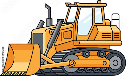 Bright yellow cartoon bulldozer illustration showcasing powerful earthmoving equipment and heavy-duty machinery, essential for construction and industrial development projects