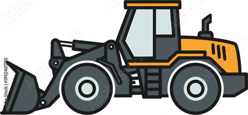 Stylized graphic of a powerful industrial front loader, heavy construction equipment for earthmoving and material handling