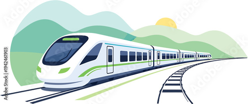 Modern high-speed train traveling on a scenic railway track through rolling green hills with a rising sun