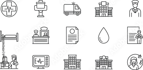 Hospital services icon pack featuring emergency, ambulance, patient care, doctor, nurse, stethoscope, cross, medicine, wellness, and hospital symbols minimal modern vector line design.
