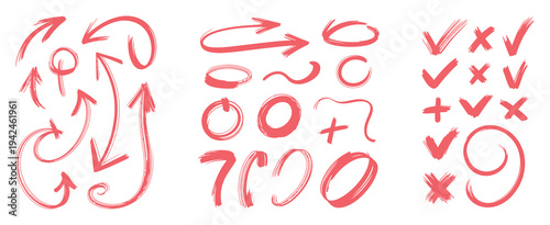 Hand Drawn Pen Line Highlight Red Set Showing Marker Stroke Underline Arrow Check Mark Emphasis Scribble Frame Round Oval Circle Vector Illustration