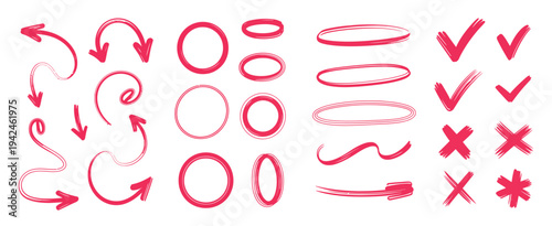 Hand Drawn Pen Line Highlight Red Set With Marker Stroke Underline Arrow Check Mark Emphasis Scribble Frame Round Oval Circle Vector Illustration