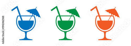 Colorful cocktail glasses with umbrellas and straws icons set