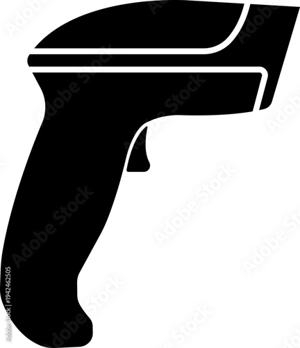 QR code scanner icon in black flat style featuring barcode reader, scanning device, digital sensor, POS technology, retail equipment and automation synonym elements for payment systems