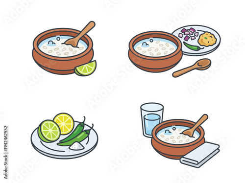Set of traditional fermented rice porridge in clay pots with lime, chili, and side dishes, rustic healthy breakfast illustration.