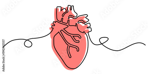 Editable continuous one line drawing human heart vector for clean health clinics. Ideal for symbolizing minimalist anatomy and modern cardiology.