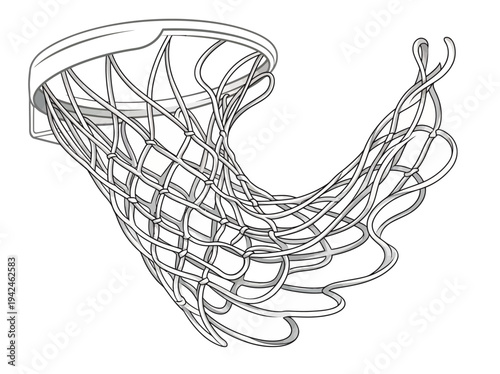Dynamic basketball net line art illustration with swish motion effect, sports competition element isolated on white background.