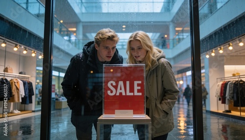 Intrigued by the Discount: A young couple stands captivated by a boldly marked SALE sign in a modern shopping center, symbolizing the allure of retail therapy and bargain hunting. 