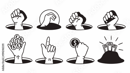 Hands Emerging From Holes with Money and Fists Vector Set
