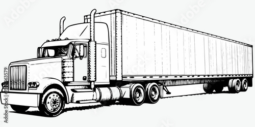 Semi Truck Trailer Lorry Line Art Illustration Isolated on White Background
