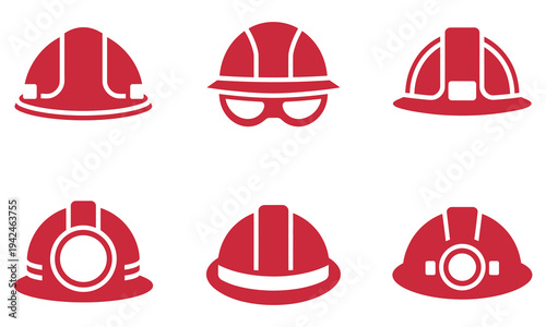 Red Hard Hat Icons for Safety and Construction. Industrial safety helmet symbol collection for builders and engineers