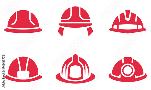 Red Hard Hat Icons for Safety and Construction. Protective helmet symbol set for industrial workers, building site security concept, engineering protection equipment illustration