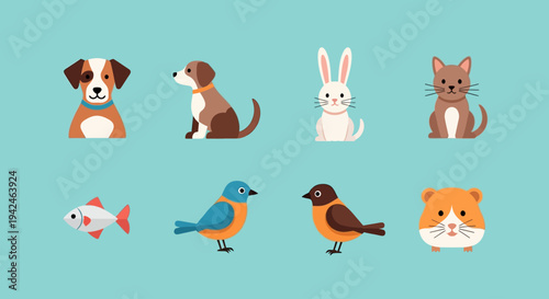 Cartoon animals including dogs cats birds fish and a rabbit silhouette on transparent background