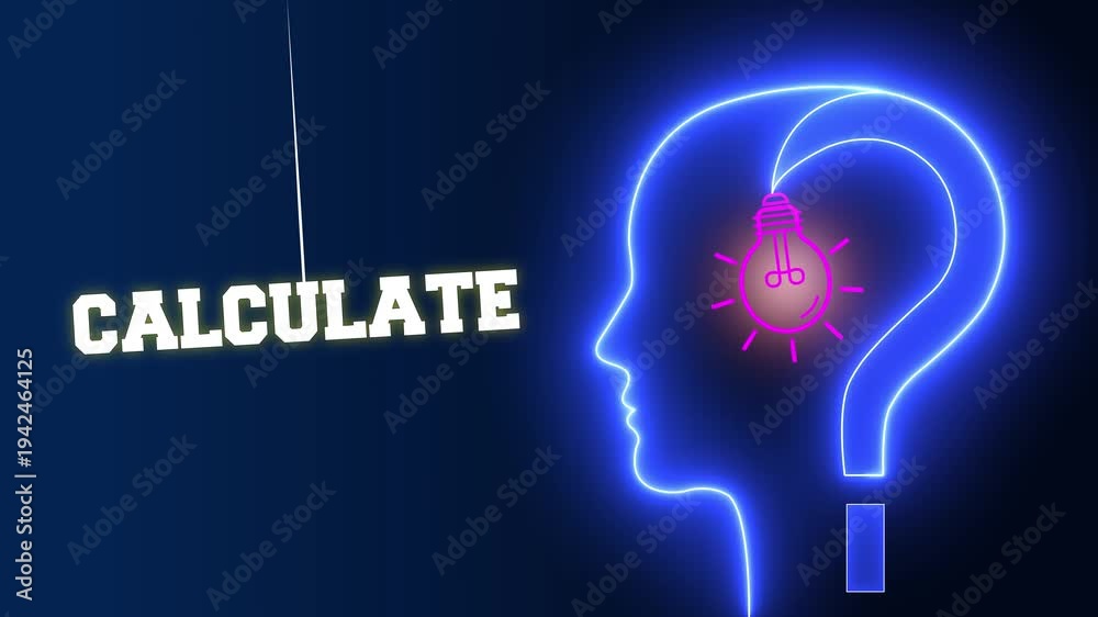 Calculate text sign swinging besides a glowing neon blue human head ...