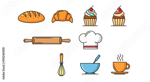 Pastries baking tools and coffee in a flat illustration silhouette on transparent background