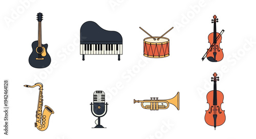 Musical instruments collection in flat design perfect for projects on transparent background silhouette