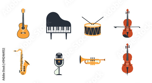 Variety of musical instruments in flat design style on transparent background silhouette